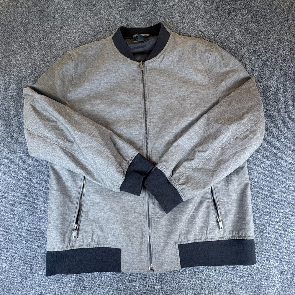 Alfani Bomber Jacket Mens Large Heather Gray Black Trim Casual Pockets Full Zip